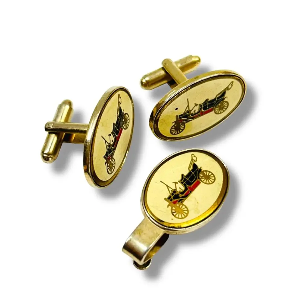 Vintage Cufflink and Tie Clip Bar Set Antique Car Bullet Back